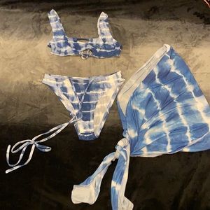 3 piece blue and white bikini